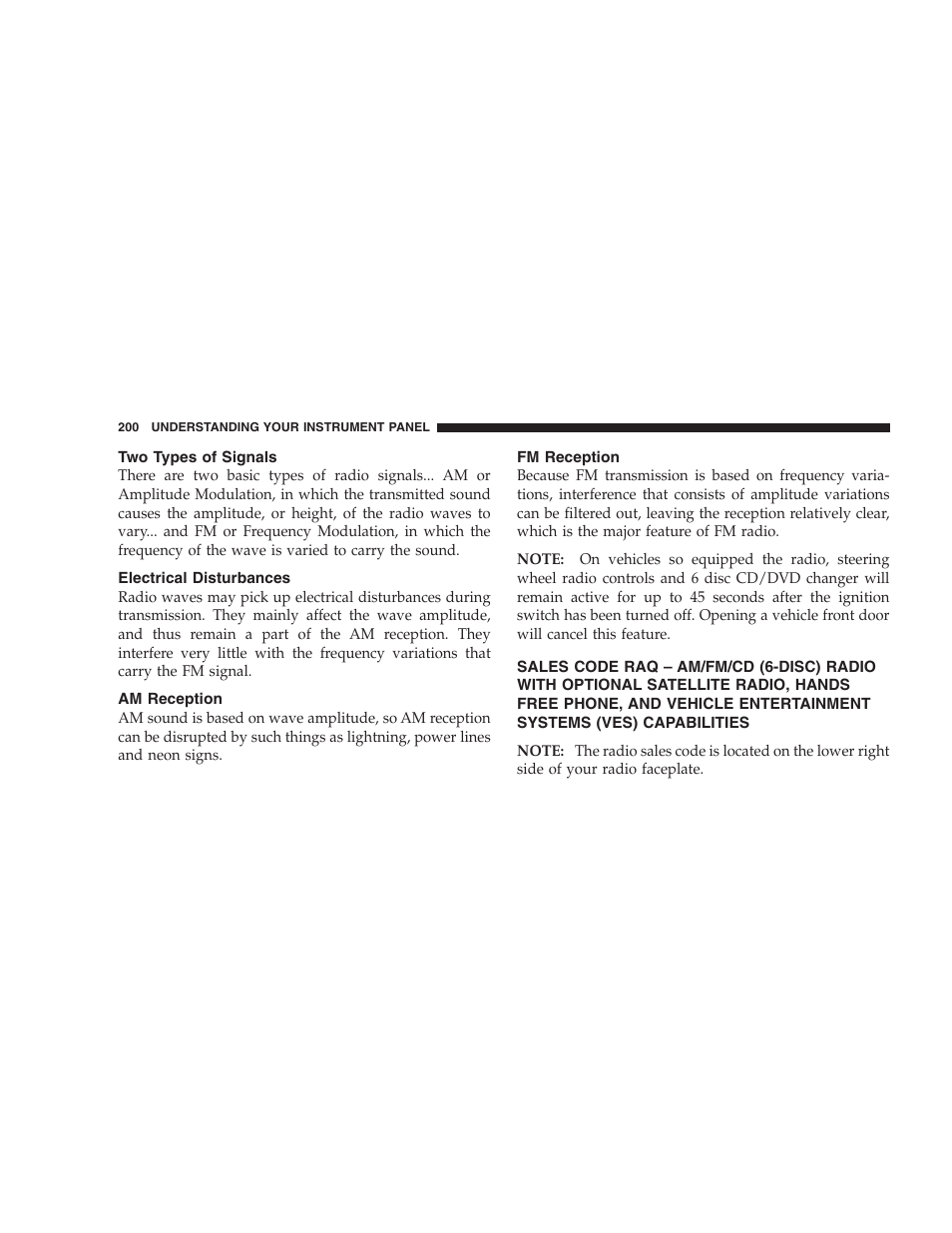 Two types of signals, Electrical disturbances, Am reception | Fm reception, Sales code raq – am/fm/cd (6-disc) radio with | Jeep 2006 Commander User Manual | Page 200 / 440