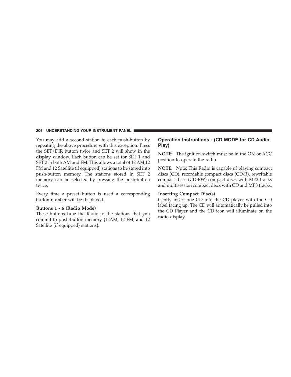Operation instructions, Cd mode for cd audio play) | Jeep 2006 Commander User Manual | Page 206 / 440