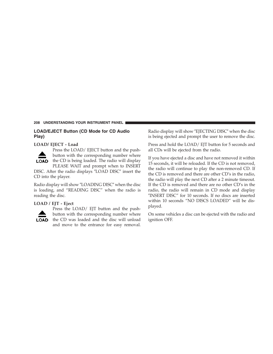 Load/eject button, Cd mode for cd audio play) | Jeep 2006 Commander User Manual | Page 208 / 440