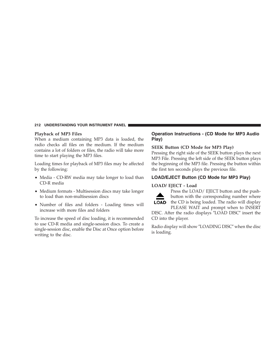 Operation instructions, Cd mode for mp3 audio play), Load/eject button (cd mode for mp3 play) | Jeep 2006 Commander User Manual | Page 212 / 440