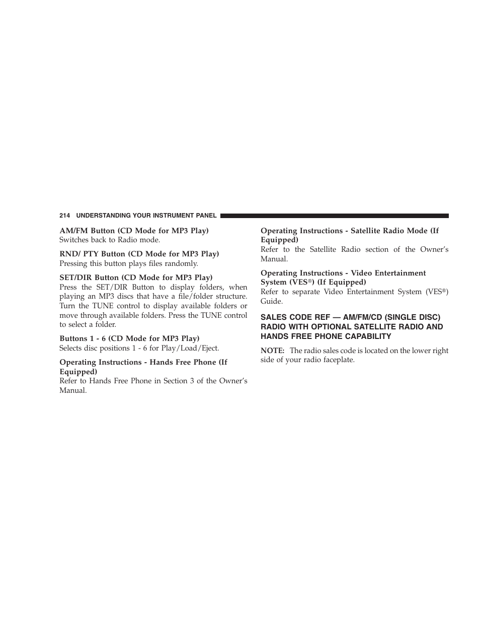 Sales code ref — am/fm/cd (single disc) | Jeep 2006 Commander User Manual | Page 214 / 440