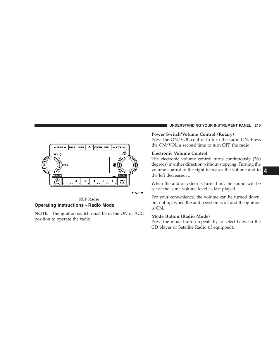 Operating instructions - radio mode | Jeep 2006 Commander User Manual | Page 215 / 440