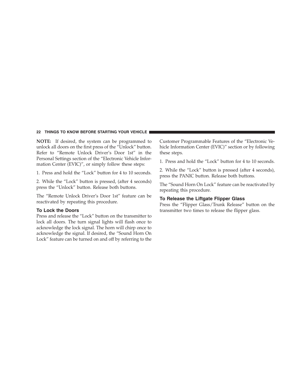 To lock the doors, To release the liftgate flipper glass | Jeep 2006 Commander User Manual | Page 22 / 440