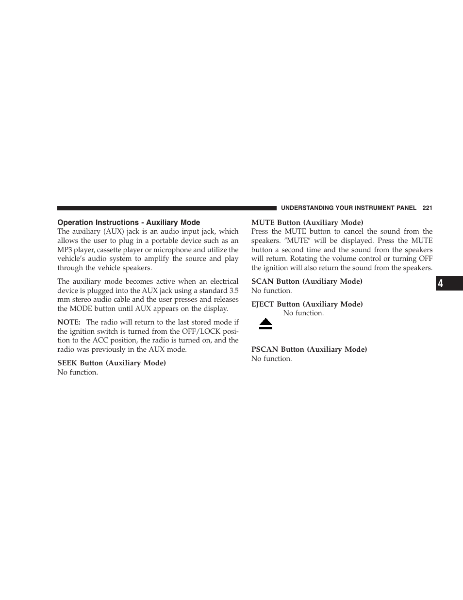 Operation instructions - auxiliary mode | Jeep 2006 Commander User Manual | Page 221 / 440