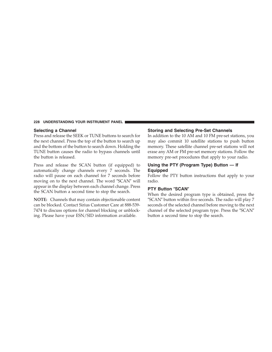 Selecting a channel, Storing and selecting pre-set channels, Using the pty (program type) button | If equipped, Pty button љscanљ | Jeep 2006 Commander User Manual | Page 228 / 440