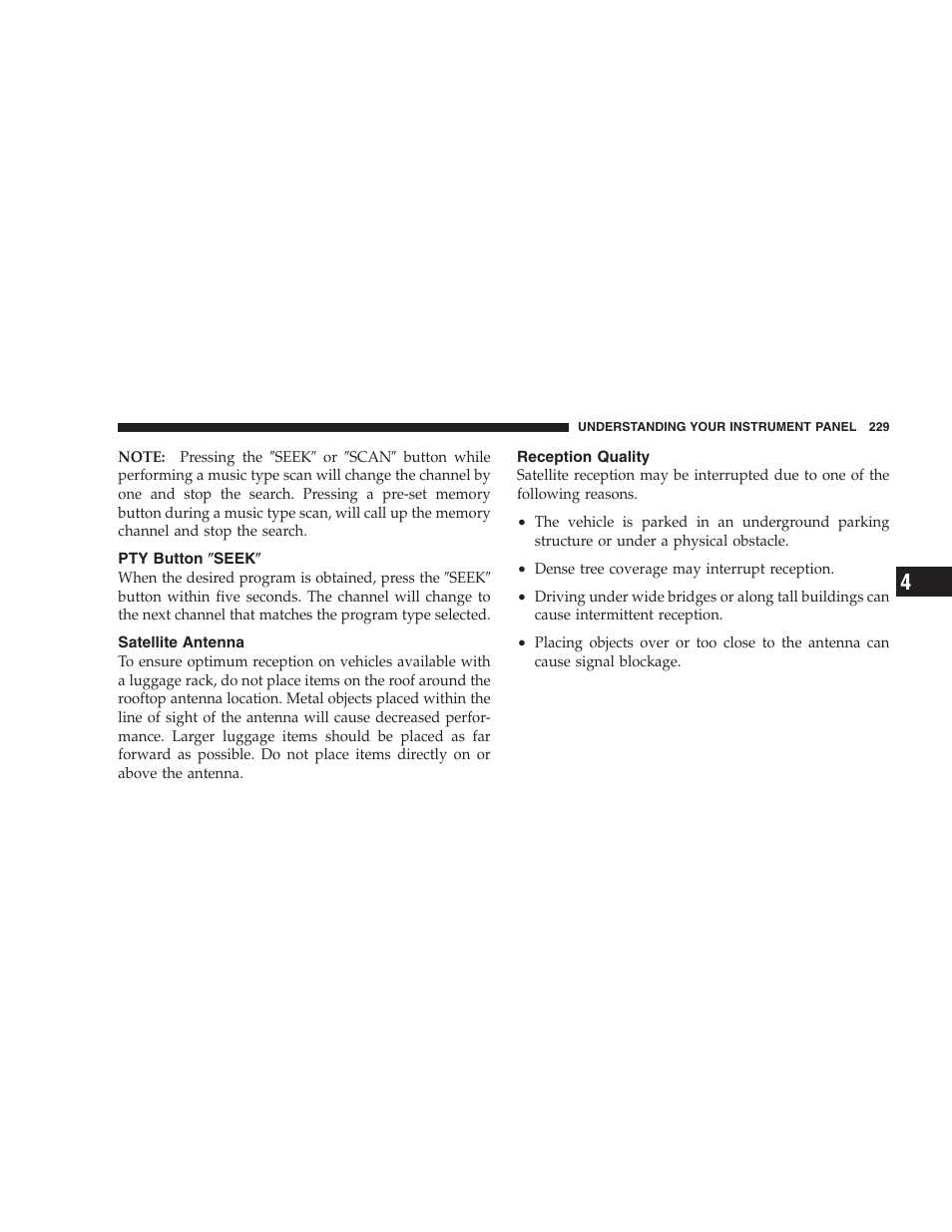 Pty button љseekљ, Satellite antenna, Reception quality | Jeep 2006 Commander User Manual | Page 229 / 440