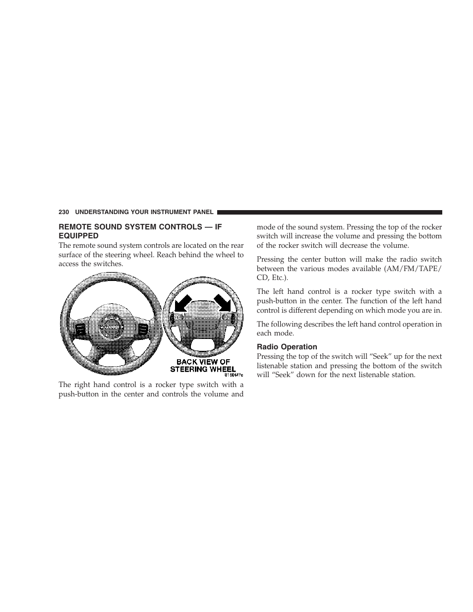 Remote sound system controls — if equipped, Radio operation | Jeep 2006 Commander User Manual | Page 230 / 440