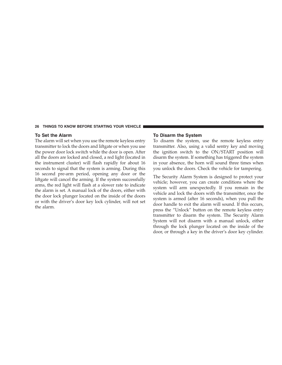 To set the alarm, To disarm the system | Jeep 2006 Commander User Manual | Page 26 / 440