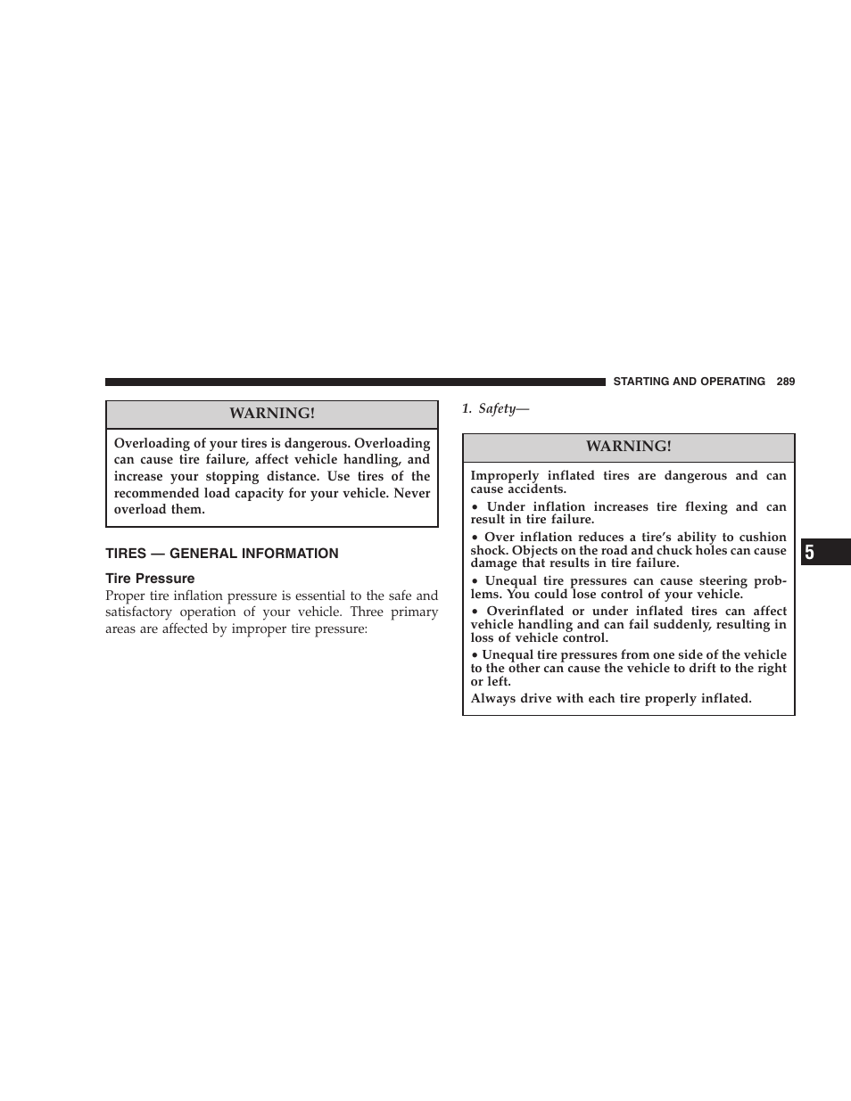 Tires — general information, Tire pressure | Jeep 2006 Commander User Manual | Page 289 / 440