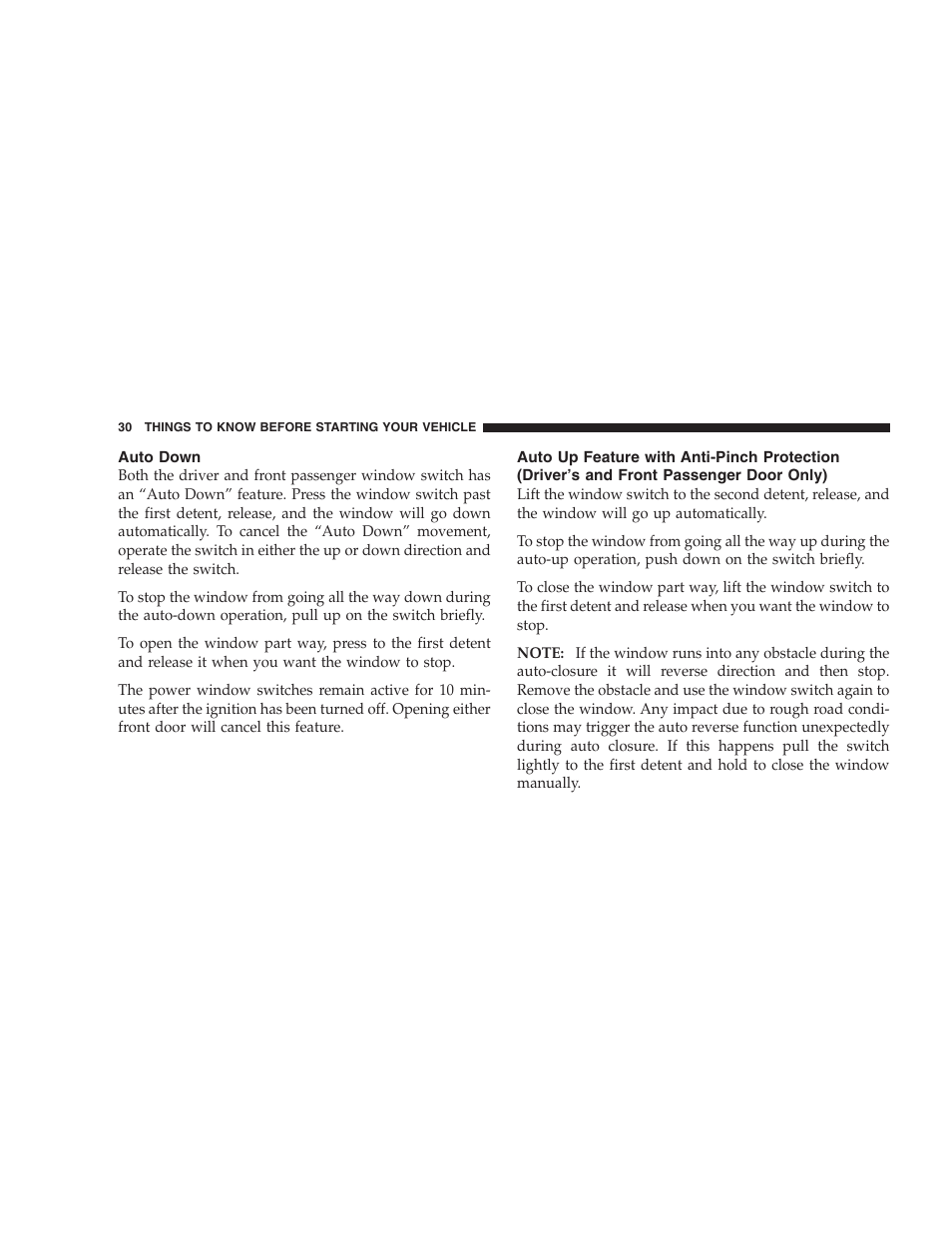 Auto down, Auto up feature with anti-pinch protection, Driver’s and front passenger door only) | Jeep 2006 Commander User Manual | Page 30 / 440