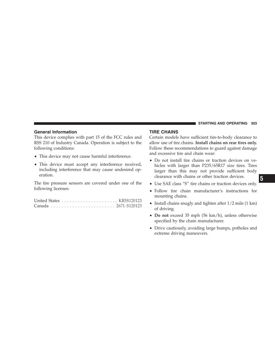 General information, Tire chains | Jeep 2006 Commander User Manual | Page 303 / 440