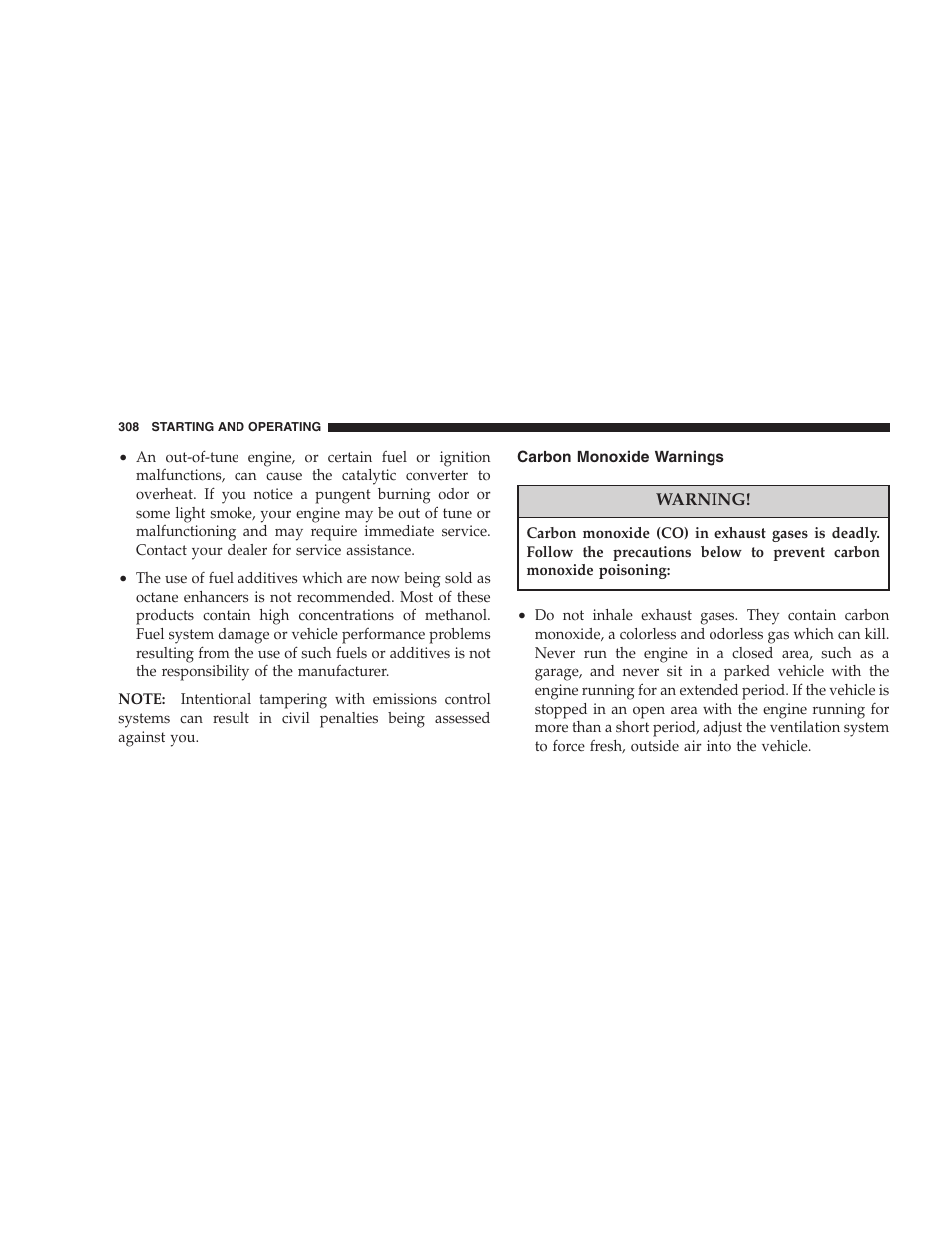 Carbon monoxide warnings | Jeep 2006 Commander User Manual | Page 308 / 440