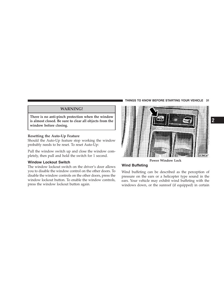 Window lockout switch, Wind buffeting | Jeep 2006 Commander User Manual | Page 31 / 440