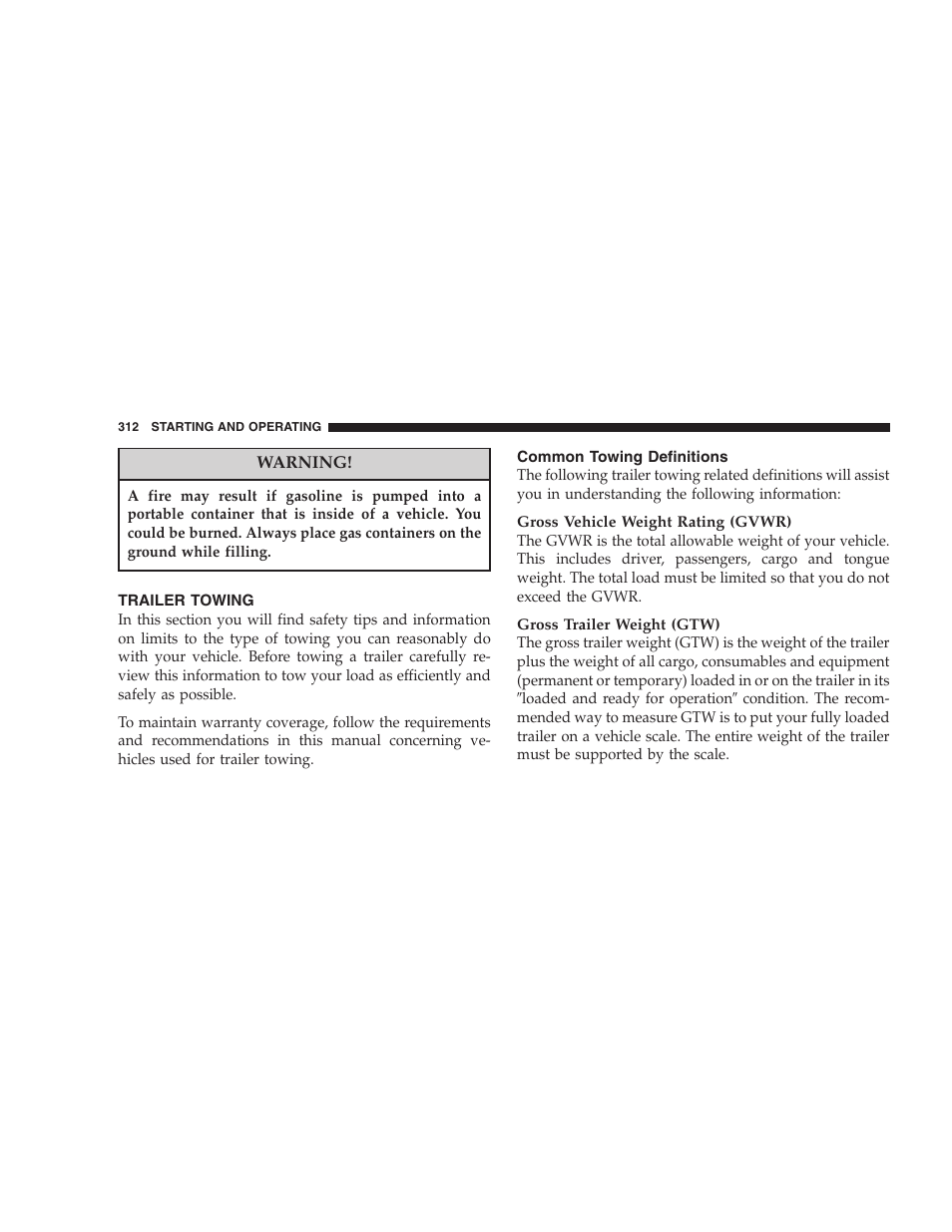 Trailer towing, Common towing definitions | Jeep 2006 Commander User Manual | Page 312 / 440