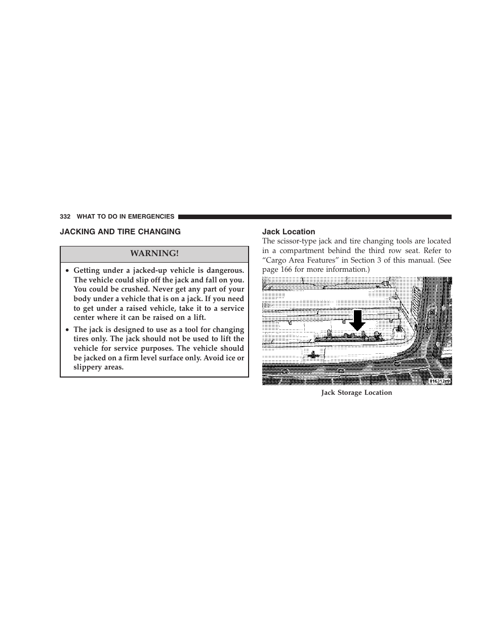 Jacking and tire changing, Jack location | Jeep 2006 Commander User Manual | Page 332 / 440