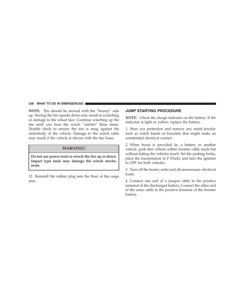Jump starting procedure | Jeep 2006 Commander User Manual | Page 338 / 440