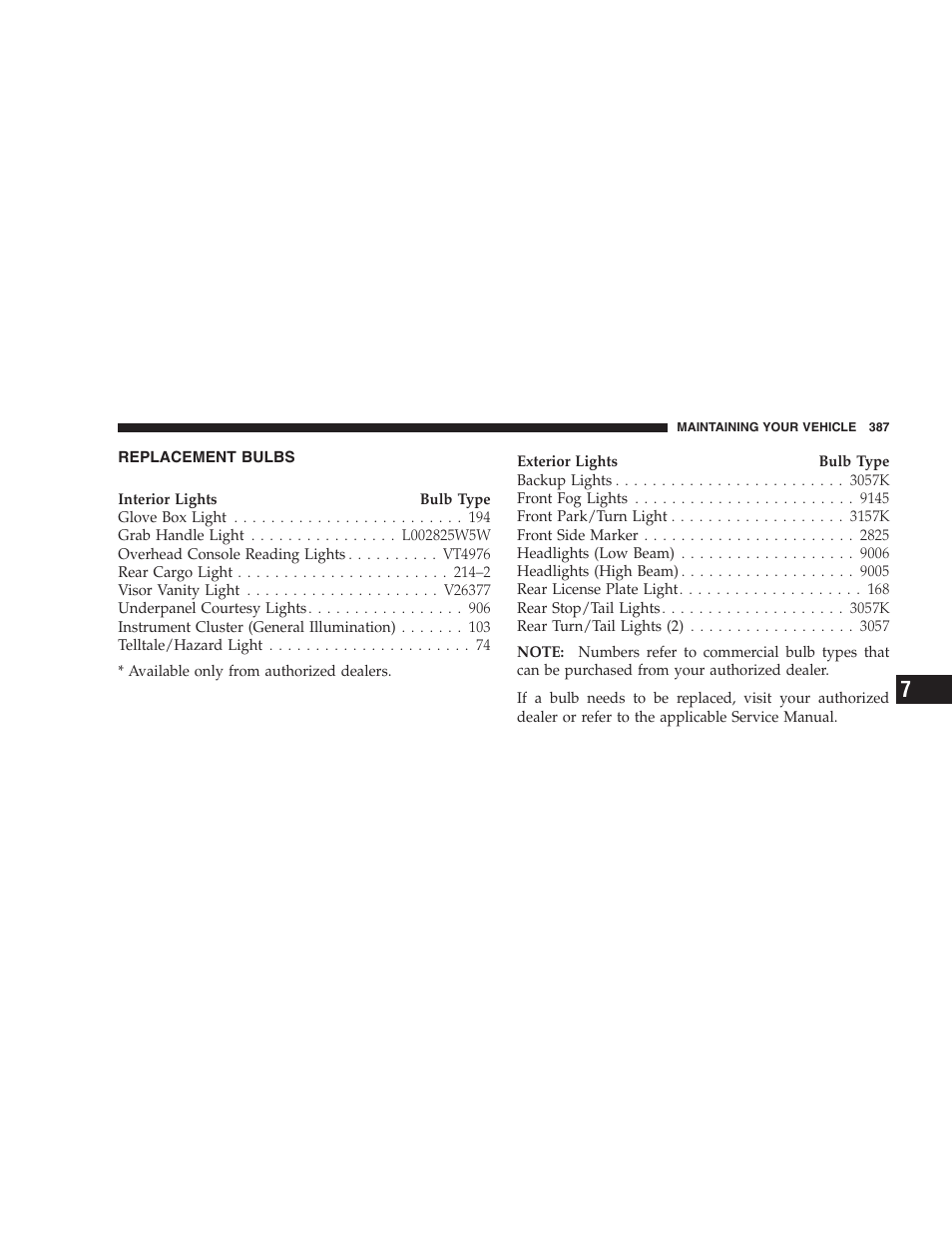 Replacement bulbs | Jeep 2006 Commander User Manual | Page 387 / 440