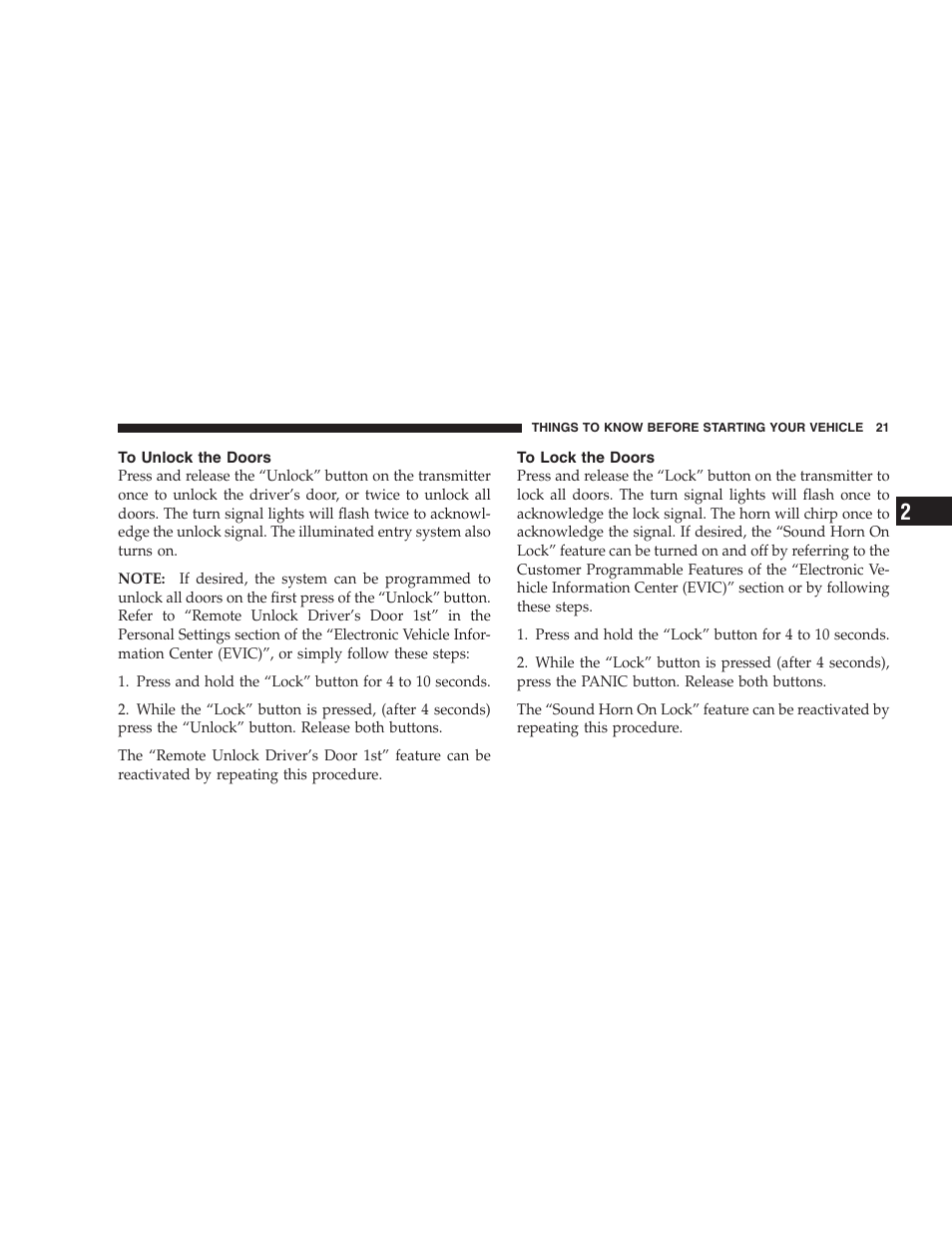 To unlock the doors, To lock the doors | Jeep 2006 Grand Cherokee SRT User Manual | Page 21 / 392