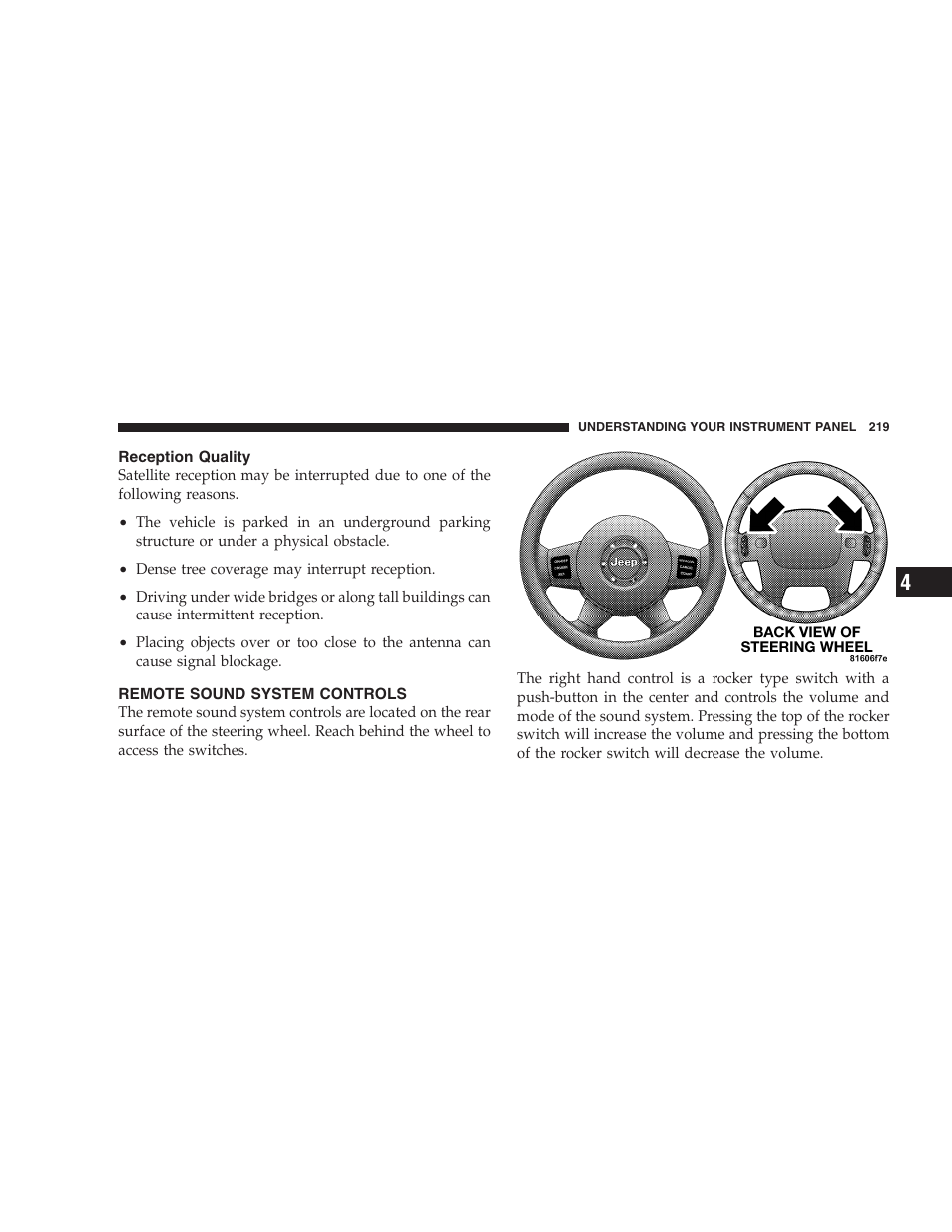 Reception quality, Remote sound system controls | Jeep 2006 Grand Cherokee SRT User Manual | Page 219 / 392