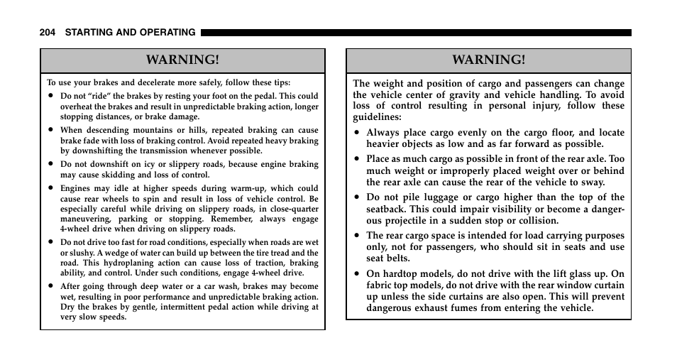 Warning | Jeep 2006 Wrangler User Manual | Page 204 / 368