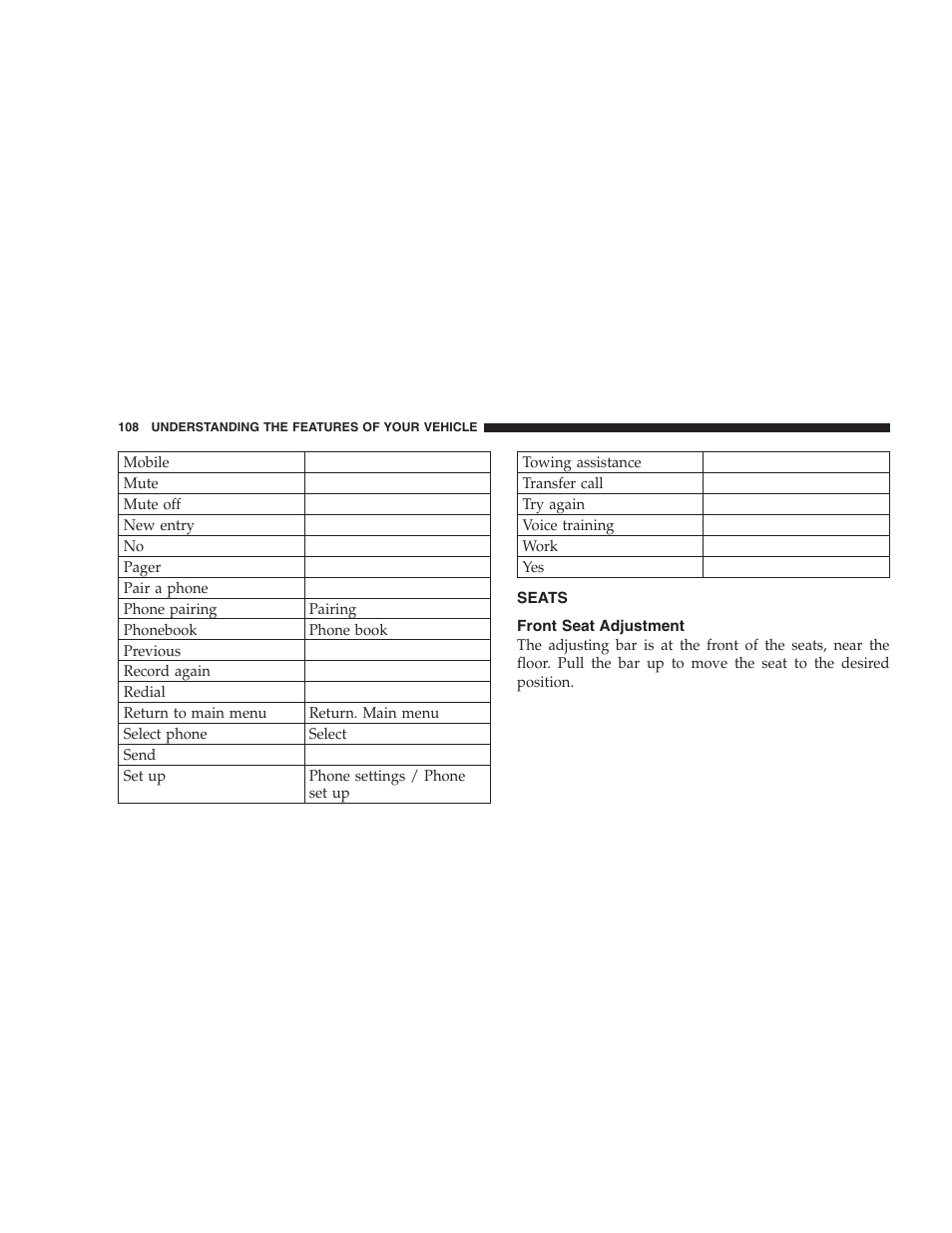 Seats, Front seat adjustment | Jeep 2007 Compass User Manual | Page 108 / 408