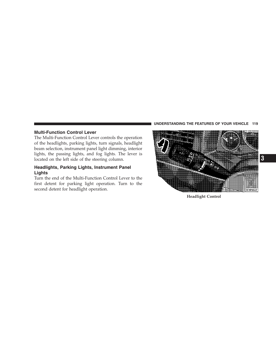 Multi-function control lever, Headlights, parking lights, instrument panel, Lights | Jeep 2007 Compass User Manual | Page 119 / 408
