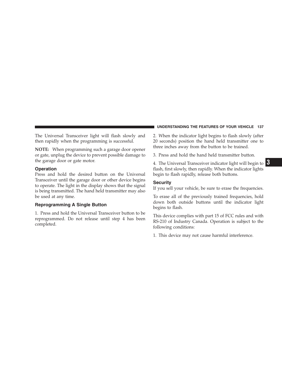 Operation, Reprogramming a single button, Security | Jeep 2007 Compass User Manual | Page 137 / 408