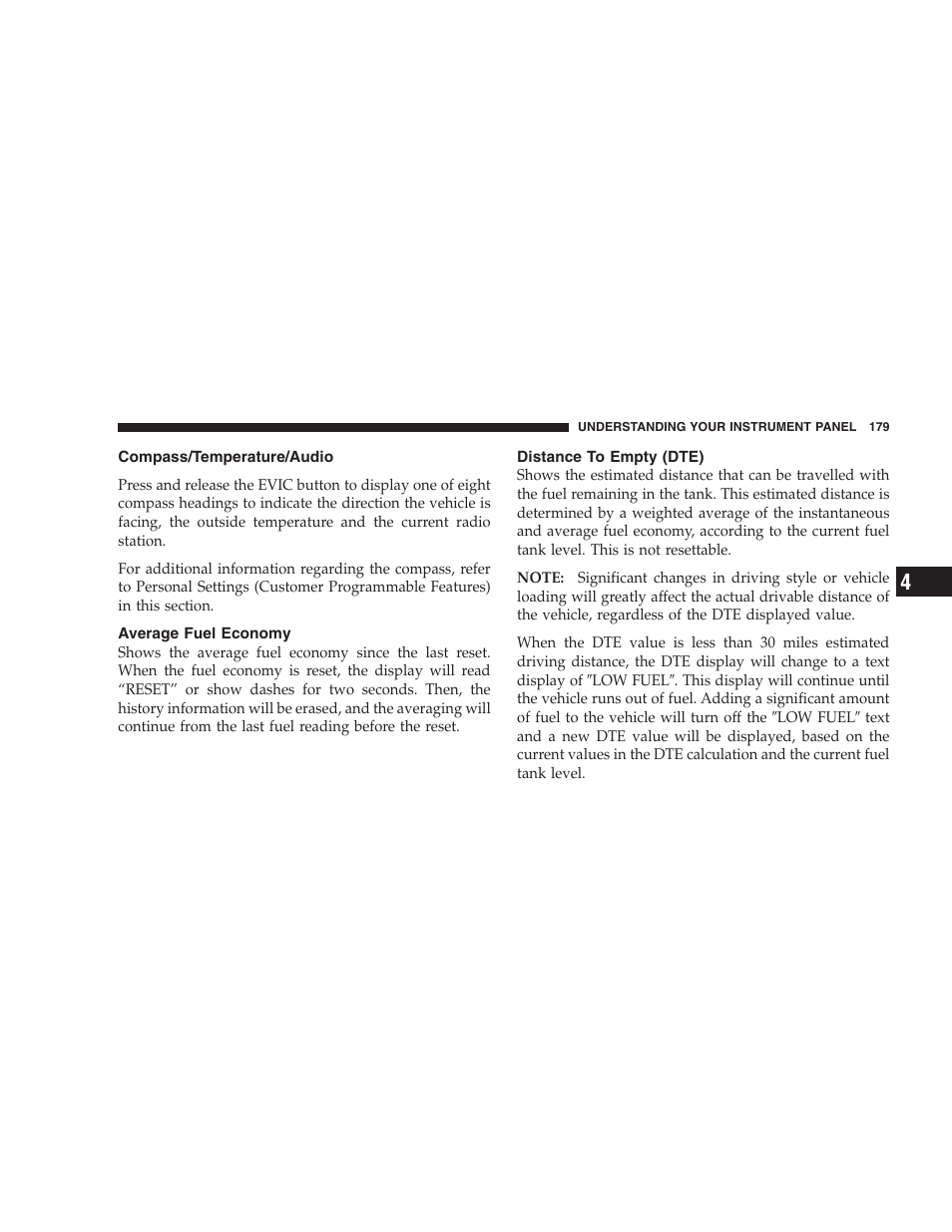 Compass/temperature/audio, Average fuel economy, Distance to empty (dte) | Jeep 2007 Compass User Manual | Page 179 / 408
