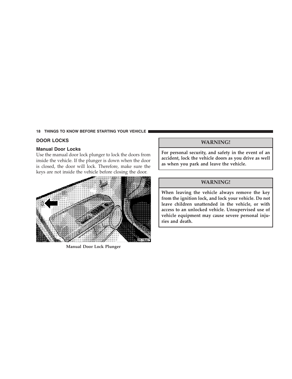 Door locks, Manual door locks | Jeep 2007 Compass User Manual | Page 18 / 408