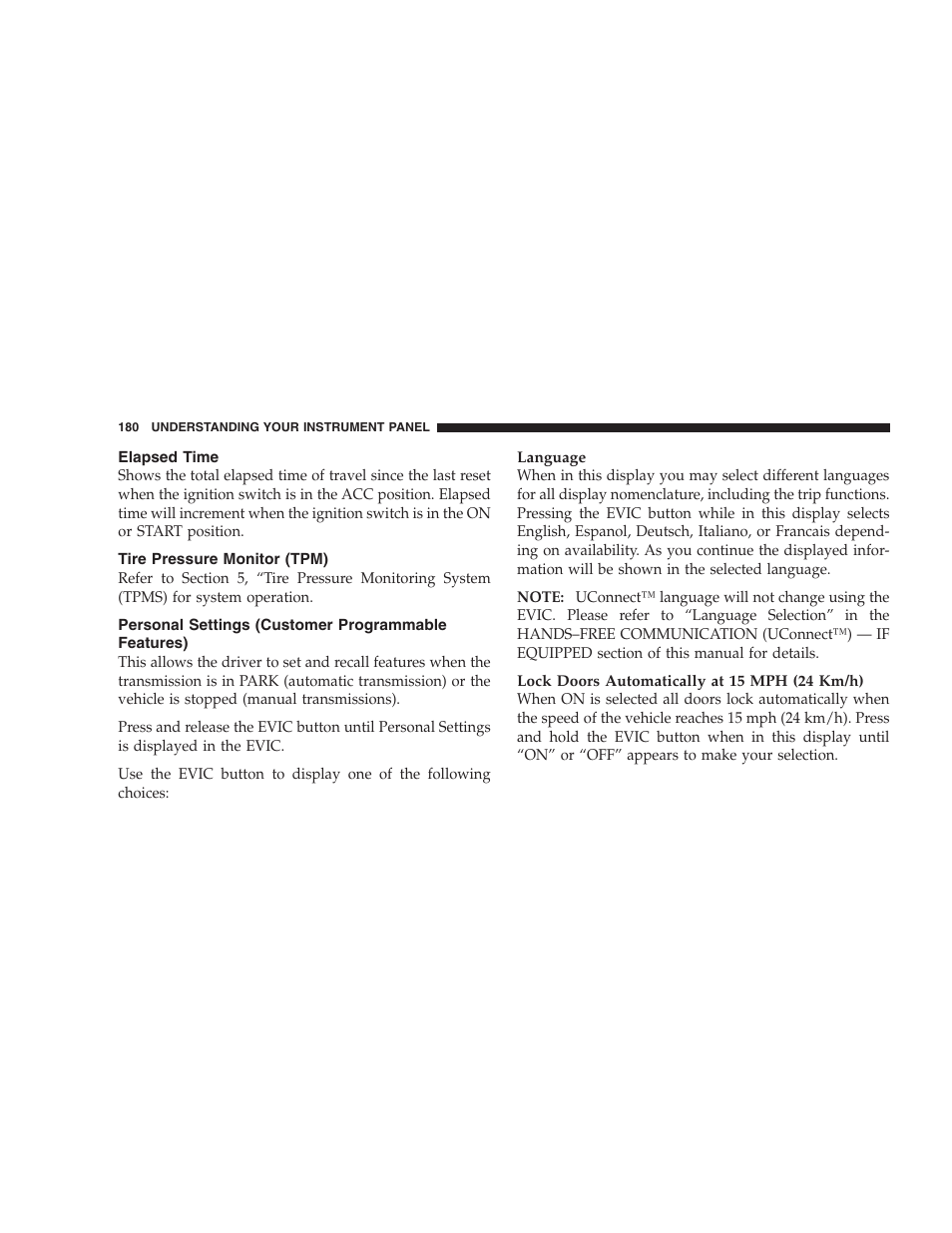 Elapsed time, Tire pressure monitor (tpm), Personal settings | Customer programmable features) | Jeep 2007 Compass User Manual | Page 180 / 408