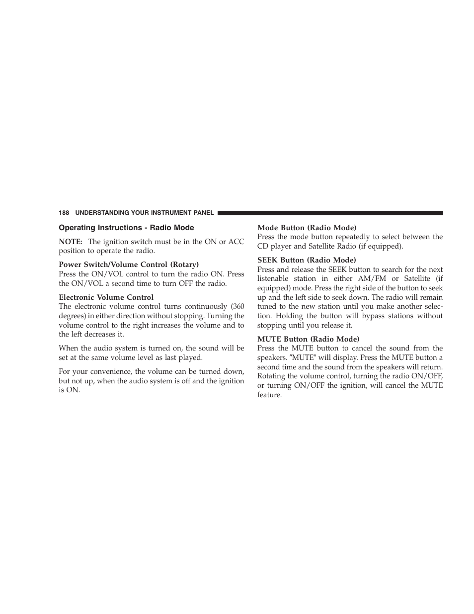 Operating instructions - radio mode | Jeep 2007 Compass User Manual | Page 188 / 408