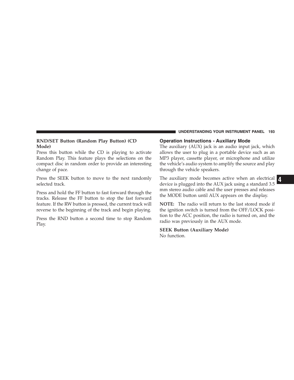 Operation instructions - auxiliary mode | Jeep 2007 Compass User Manual | Page 193 / 408