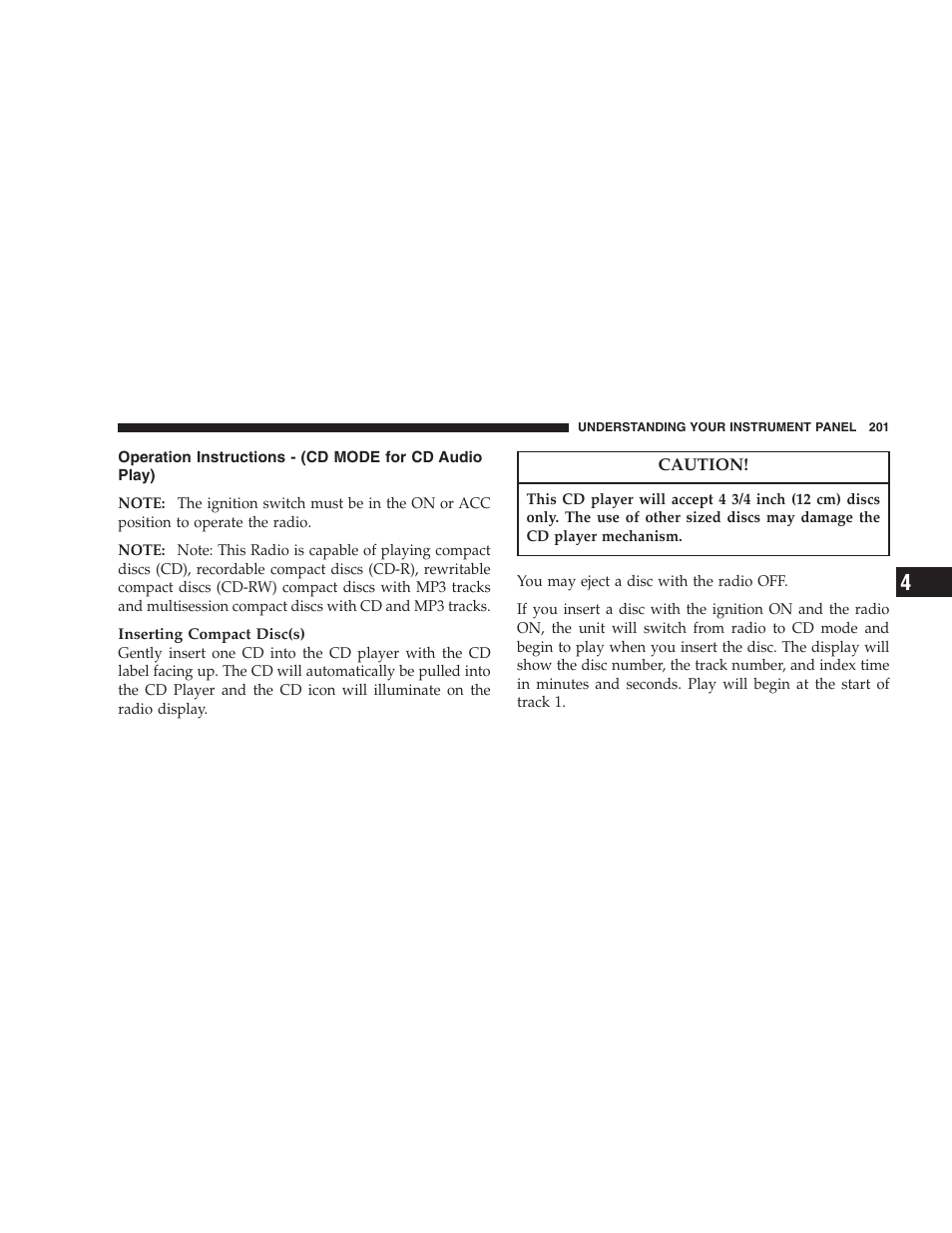 Operation instructions, Cd mode for cd audio play) | Jeep 2007 Compass User Manual | Page 201 / 408