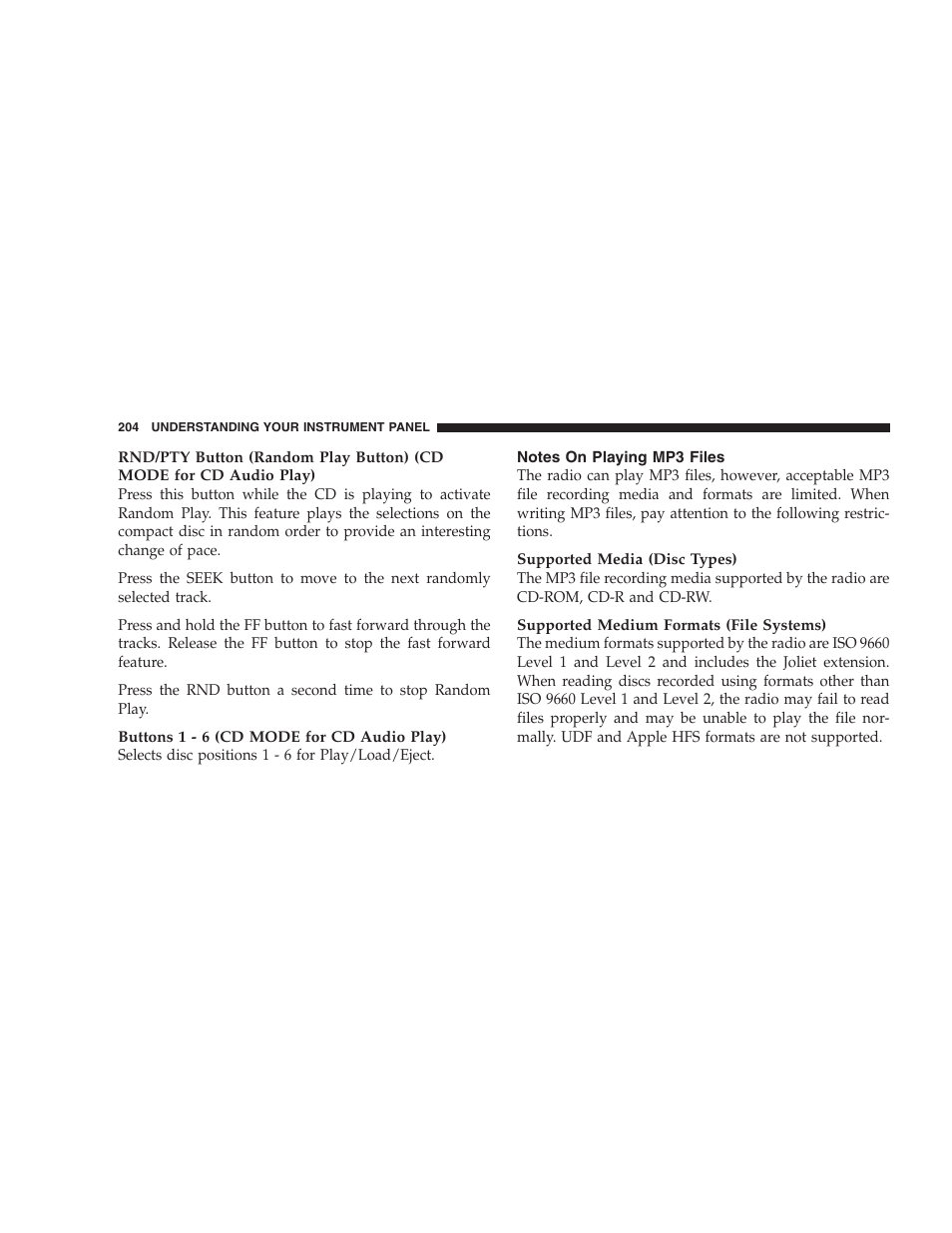 Notes on playing mp3 files | Jeep 2007 Compass User Manual | Page 204 / 408