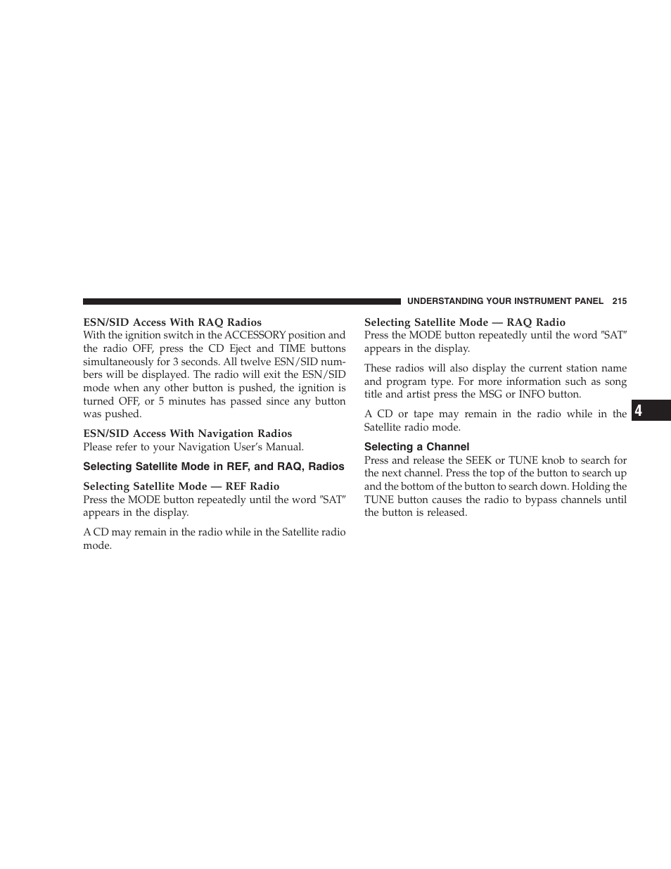 Selecting satellite mode in ref, and raq, Radios, Selecting a channel | Jeep 2007 Compass User Manual | Page 215 / 408