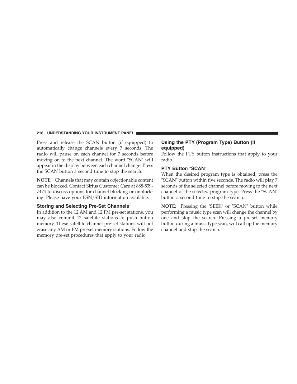 Storing and selecting pre-set channels, Using the pty (program type) button, If equipped) | Pty button љscanљ | Jeep 2007 Compass User Manual | Page 216 / 408
