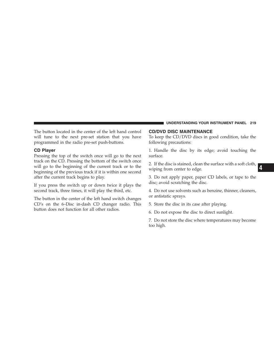 Cd player, Cd/dvd disc maintenance | Jeep 2007 Compass User Manual | Page 219 / 408