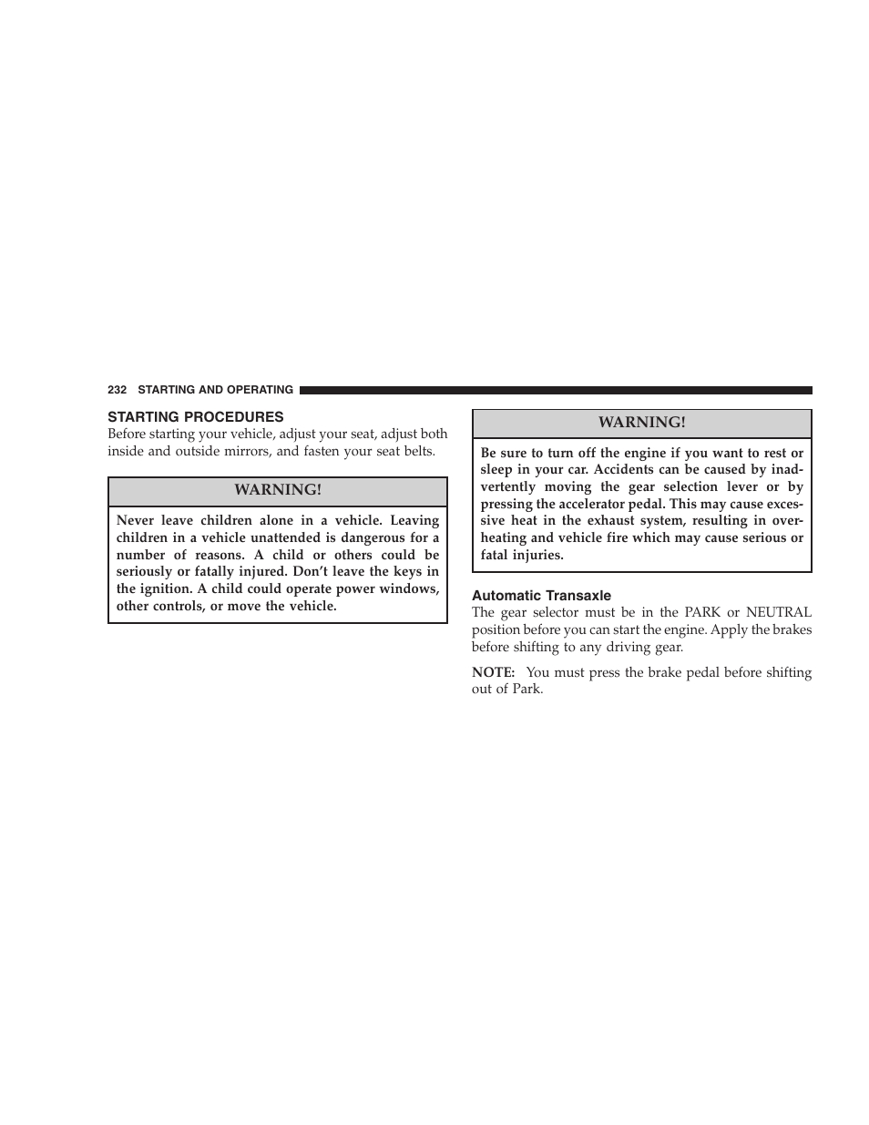 Starting procedures, Automatic transaxle | Jeep 2007 Compass User Manual | Page 232 / 408