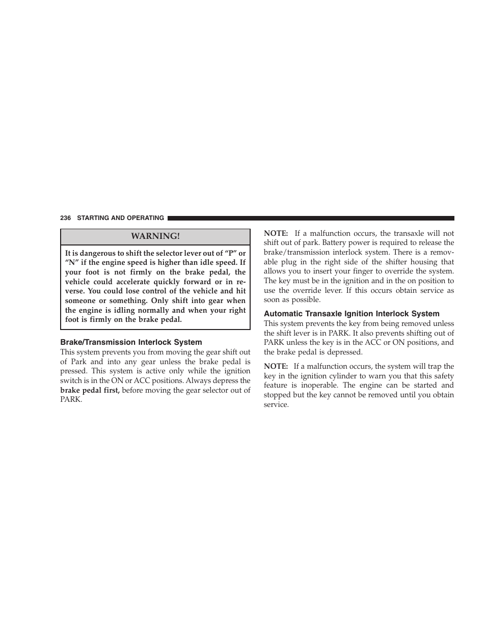 Brake/transmission interlock system, Automatic transaxle ignition interlock, System | Jeep 2007 Compass User Manual | Page 236 / 408