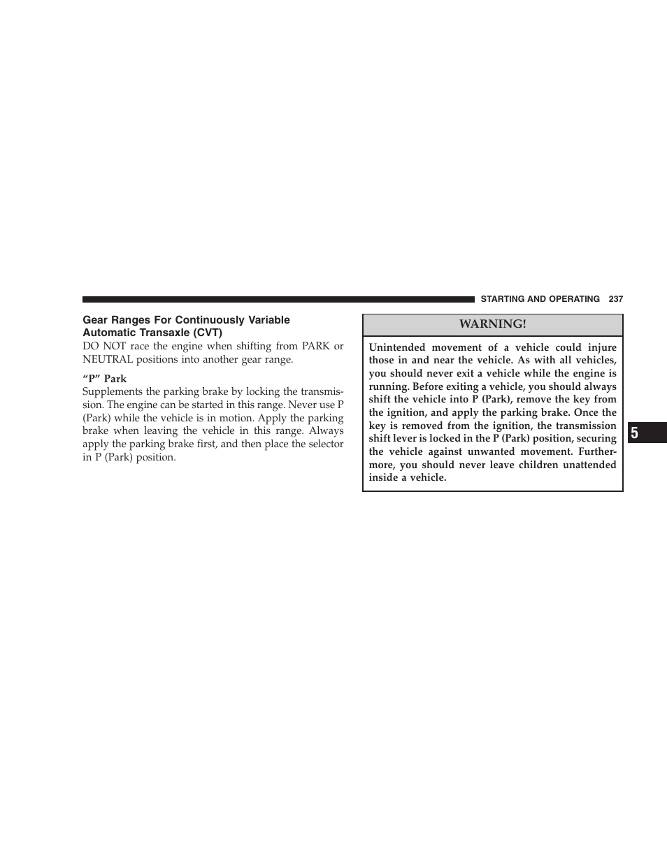Gear ranges for continuously variable, Automatic transaxle (cvt) | Jeep 2007 Compass User Manual | Page 237 / 408