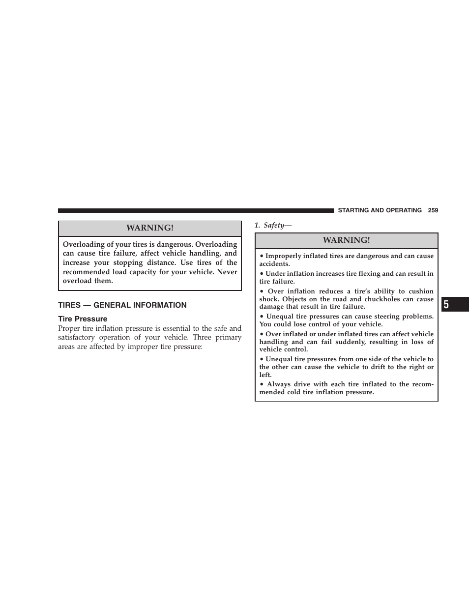 Tires — general information, Tire pressure | Jeep 2007 Compass User Manual | Page 259 / 408