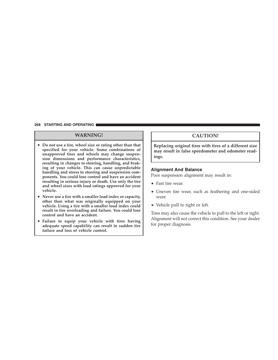 Alignment and balance | Jeep 2007 Compass User Manual | Page 268 / 408