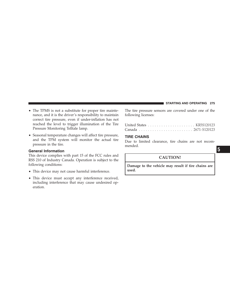 General information, Tire chains | Jeep 2007 Compass User Manual | Page 275 / 408