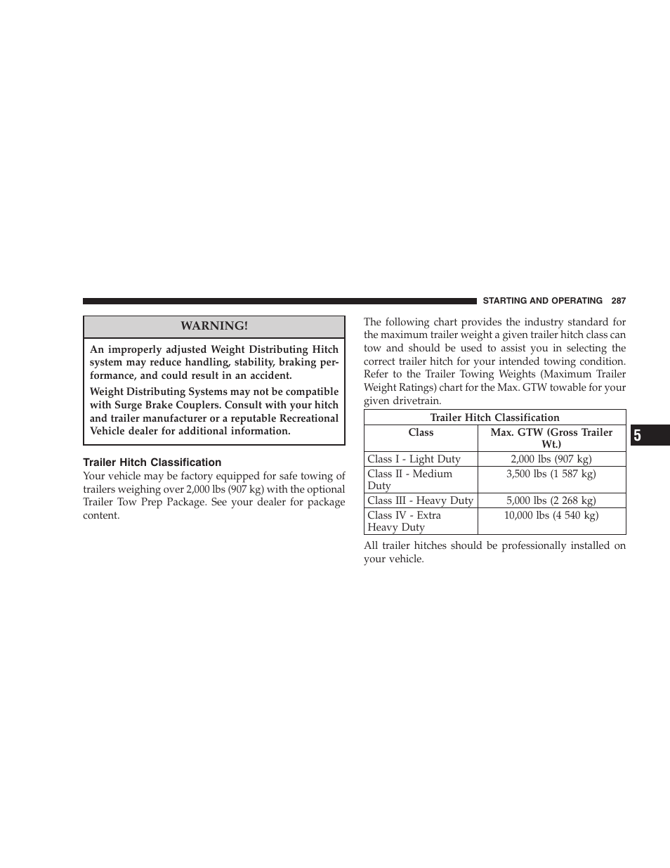 Trailer hitch classification | Jeep 2007 Compass User Manual | Page 287 / 408