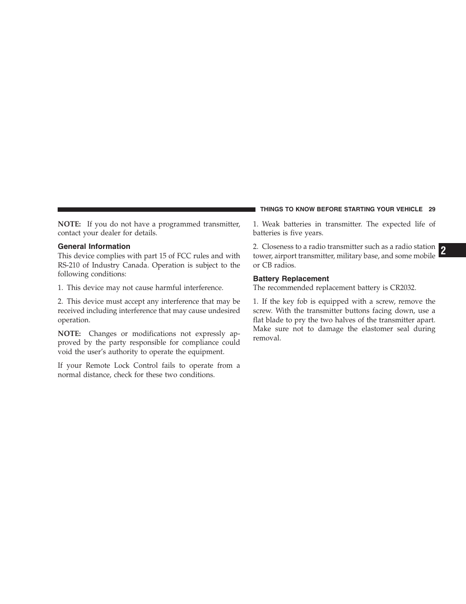 General information, Battery replacement | Jeep 2007 Compass User Manual | Page 29 / 408