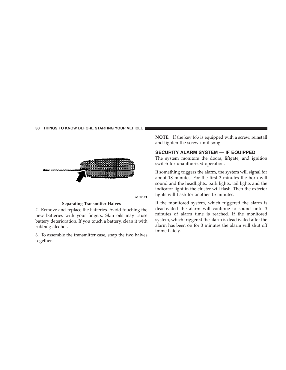 Security alarm system — if equipped | Jeep 2007 Compass User Manual | Page 30 / 408