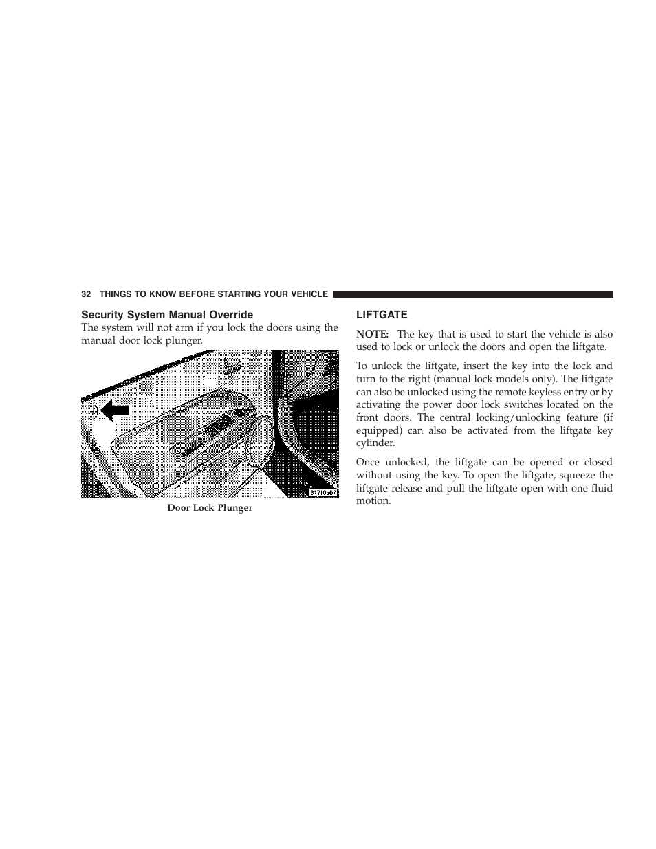 Security system manual override, Liftgate | Jeep 2007 Compass User Manual | Page 32 / 408