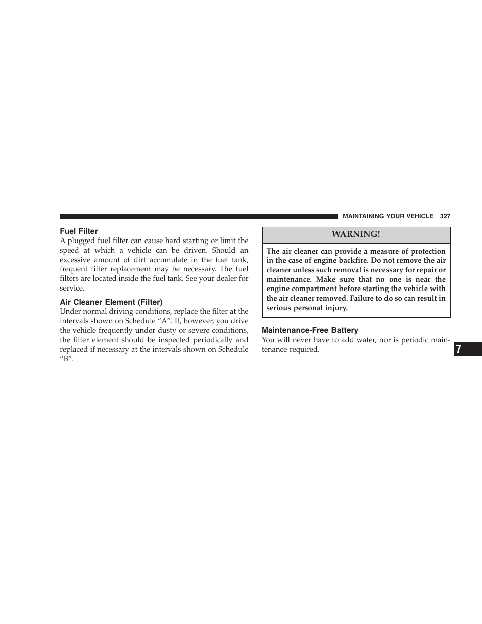 Fuel filter, Air cleaner element (filter), Maintenance-free battery | Jeep 2007 Compass User Manual | Page 327 / 408