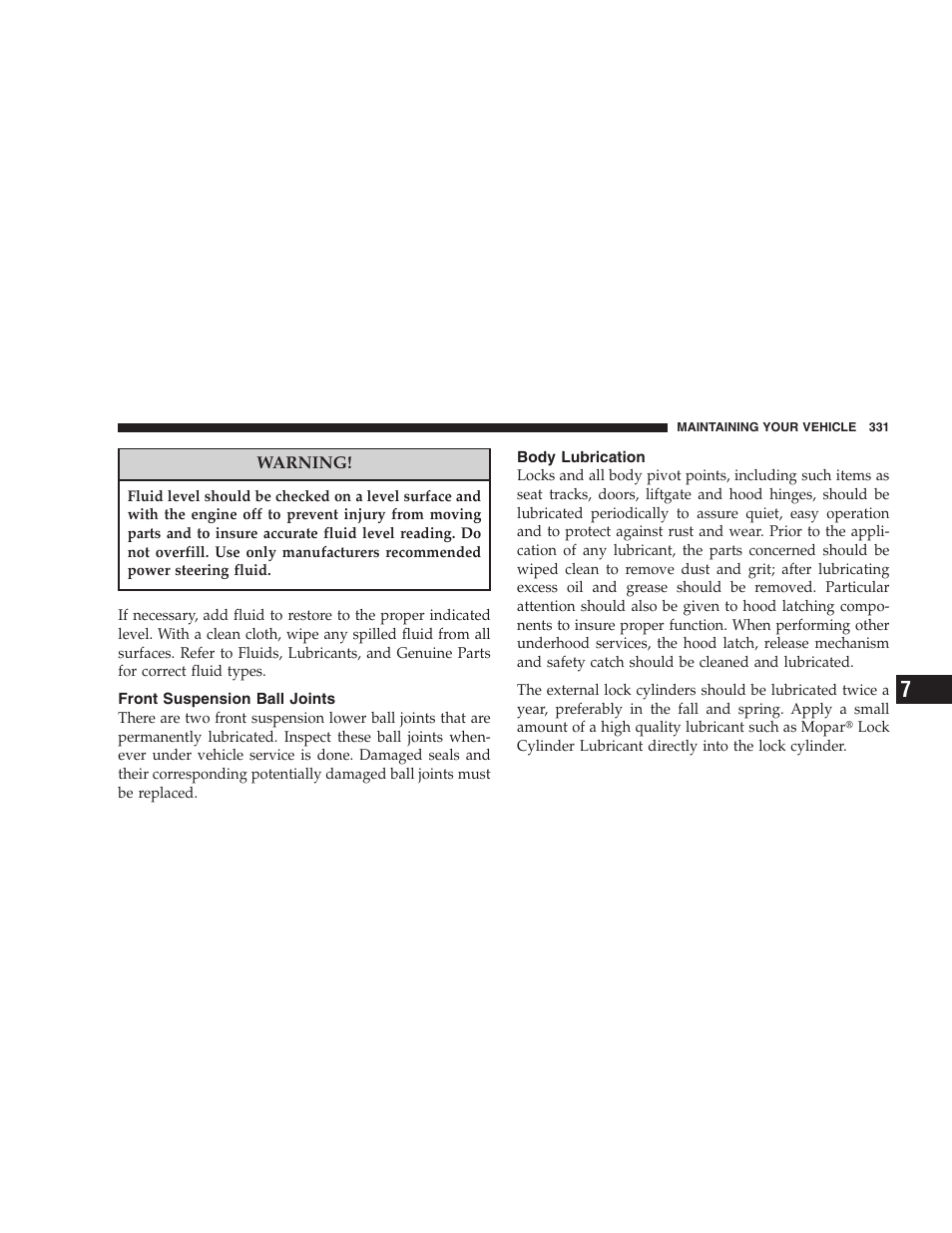 Front suspension ball joints, Body lubrication | Jeep 2007 Compass User Manual | Page 331 / 408