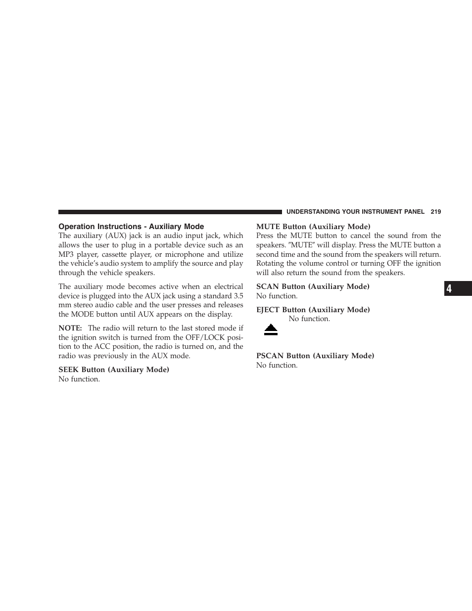 Operation instructions - auxiliary mode | Jeep 2007 Grand Cherokee User Manual | Page 219 / 472